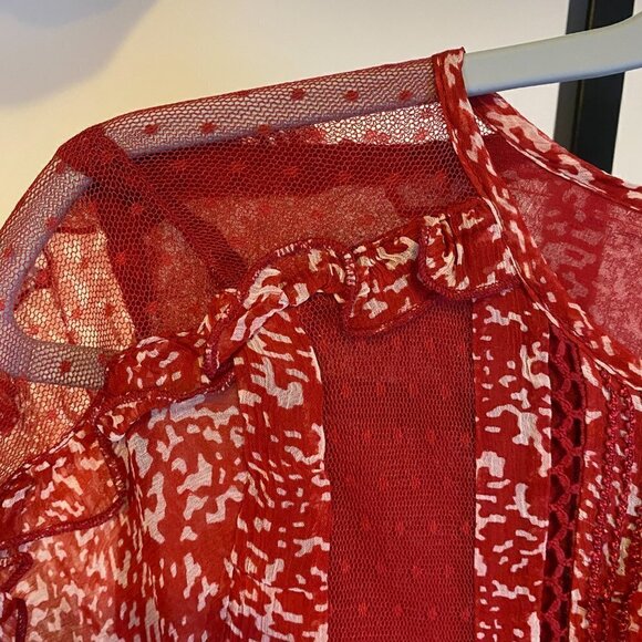 NWT Anthropologie Floreat Red Print Ruffle Lace Sheer Dress - Picture 9 of 16